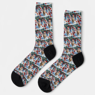 Calcetines Gato persa sentado en nieve con Gorra Navidad