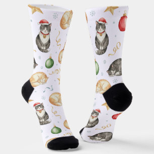 Calcetines Gatos de Navidad en acuarela y adorno