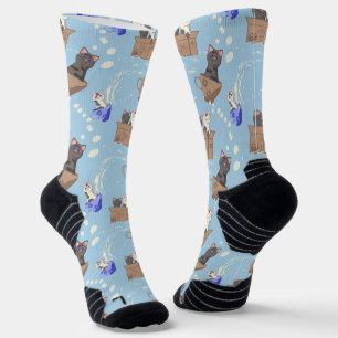 Calcetines Gatos en caja y gotas de leche en azul