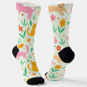 Calcetines Gatos Felices Retro con flores naranjas rojas y me