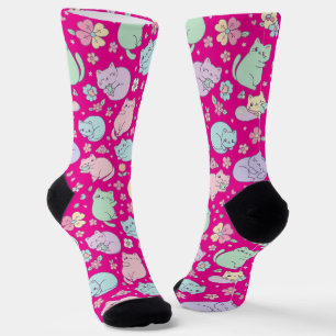 Calcetines Gatos Kawaii Pastel y Patrón de Flores de Primaver