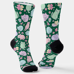 Calcetines Gatos Kawaii Pastel y Patrón de Flores de Primaver