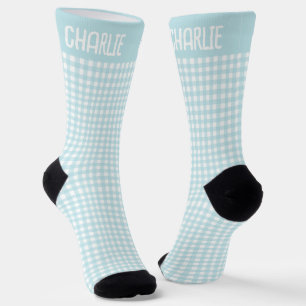 Calcetines Gingham Azul y Cuadro Blanco Nombre Personalizado 
