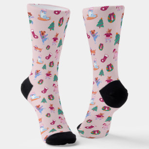 Calcetines Girly Dogs Ice Skysky Xmas Patrón Rubor Pink