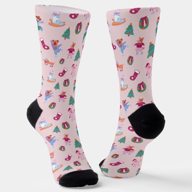 Calcetines Girly Dogs Ice Skysky Xmas Patrón Rubor Pink (Angular)