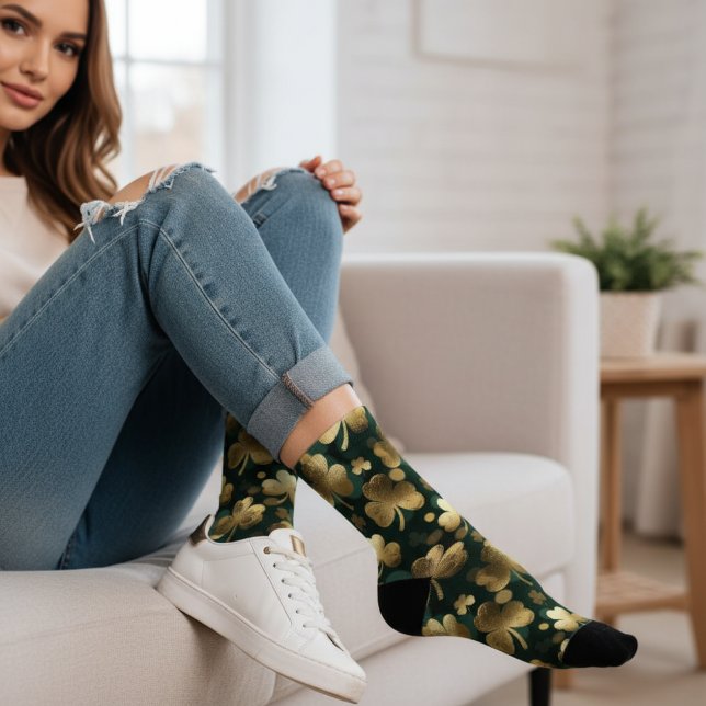 Calcetines Gold Foil Shamrock Pattern St. Patrick's Day (Subido por el creador)