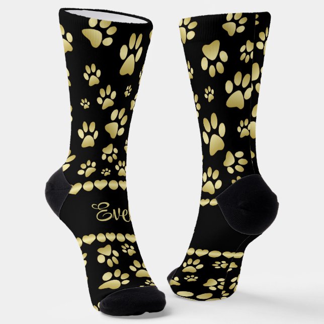 Calcetines Golden Paw Prints on Black with Custom Name (Angular)