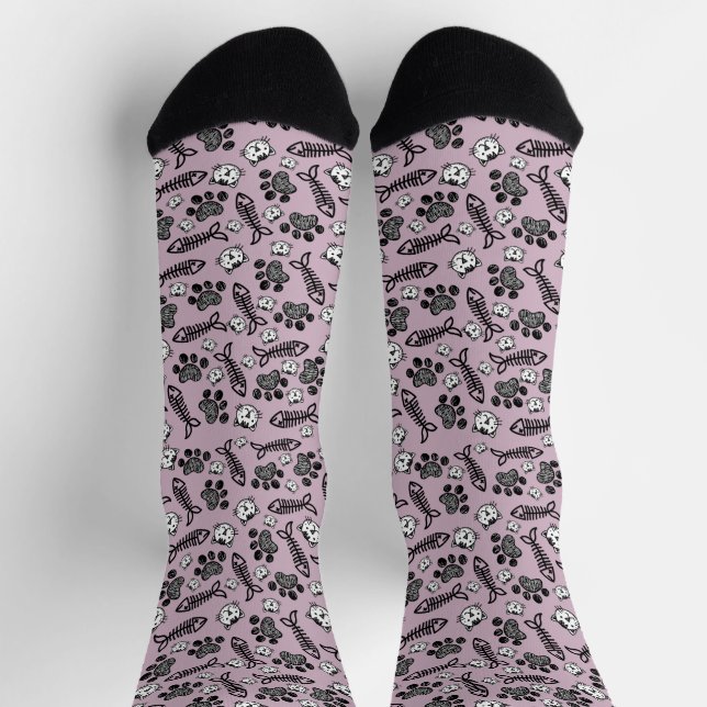 Calcetines Gracioso dibujo de gatos morados negros y blancos (Arriba)