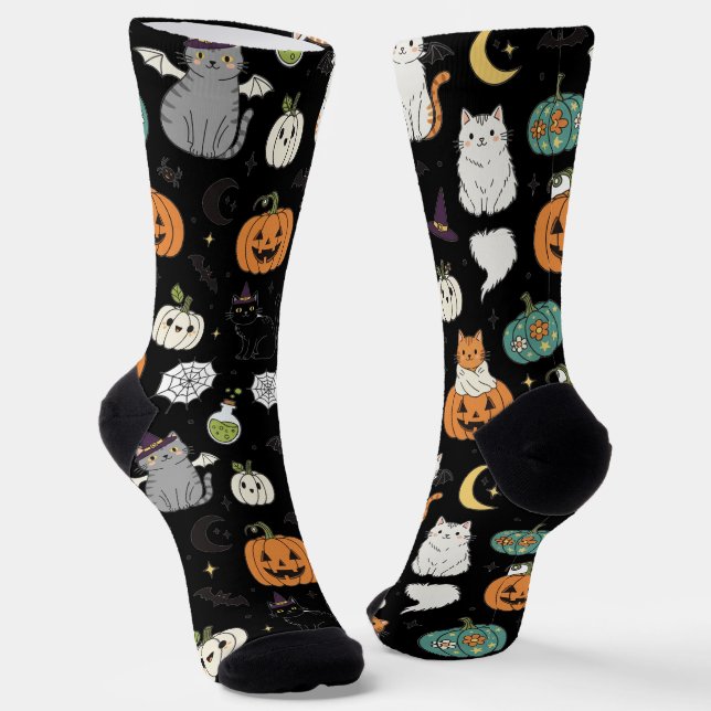 Calcetines Graciosos gatos y calabazas de Halloween (Angular)