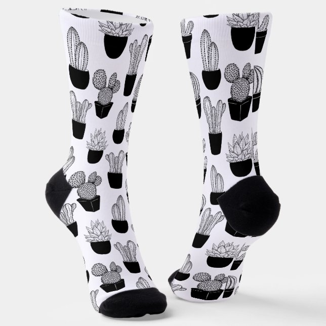 Calcetines Gran patrón de arte de la línea negra de Cacti (Angular)