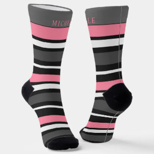 Calcetines Gris negro rosado blanco rayado para nombre person