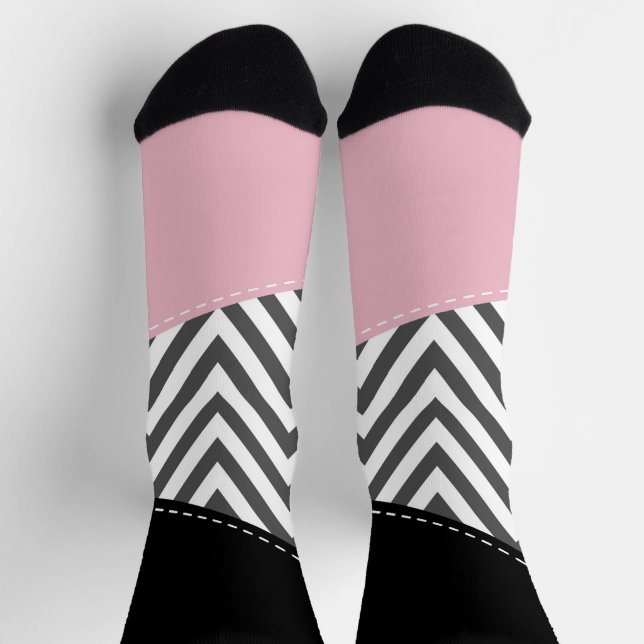 Calcetines Gris Zigzag, Gris Chevron, Zigzag Pattern, Rosa (Arriba)