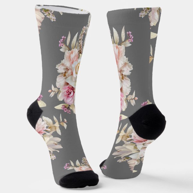 Calcetines Grooms Boda Floral Bouquet Pattern en gris (Angular)