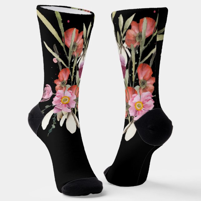 Calcetines Grooms Boda rosa Floral Bouquet en negro (Angular)