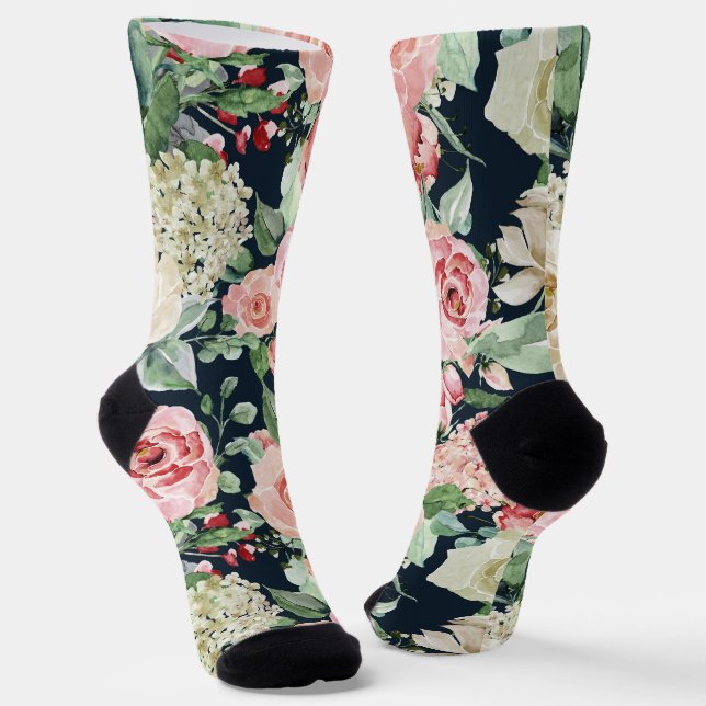 Calcetines Grooms Boda rosa Floral Bouquet en negro (Angular)