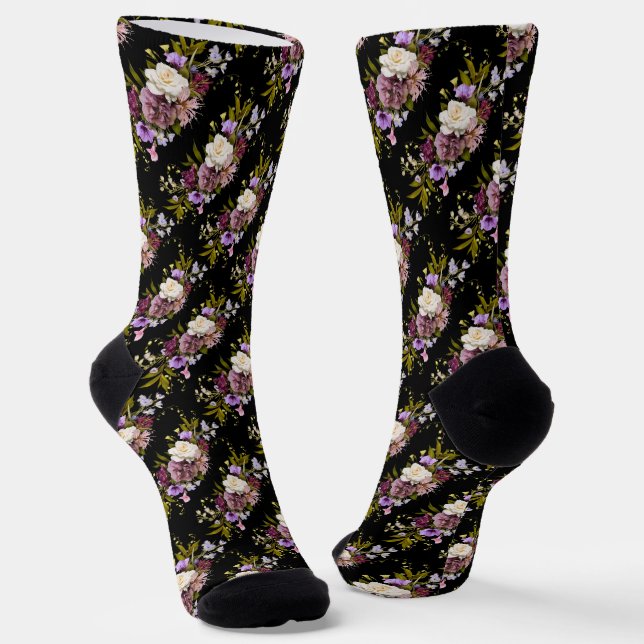 Calcetines Grooms Purple Floral Bouquet en negro (Angular)