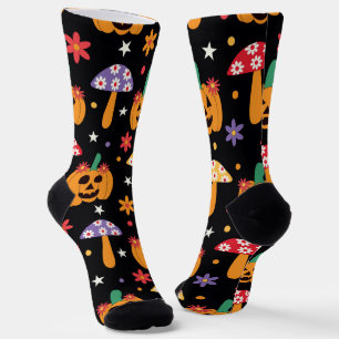 Calcetines Groovy Halloween Calabazas flores y hongos