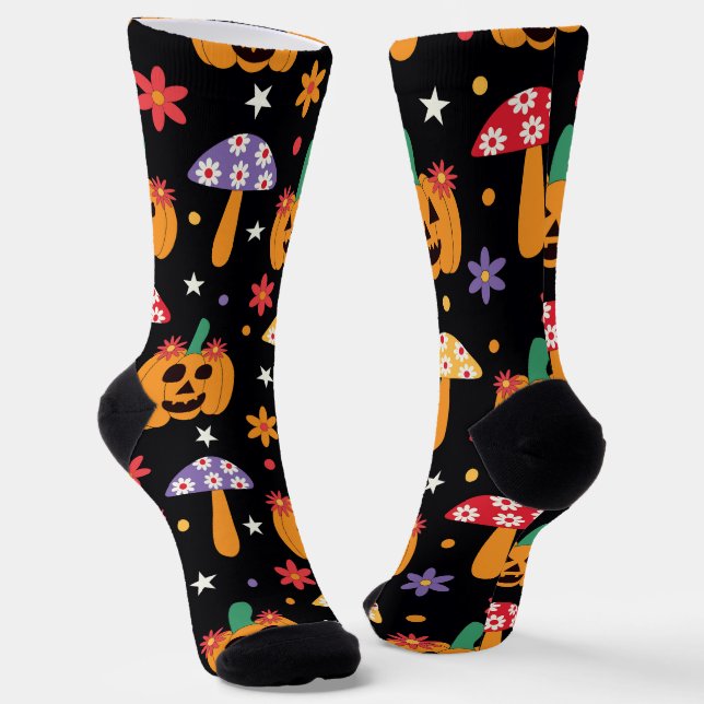 Calcetines Groovy Halloween Calabazas flores y hongos (Angular)