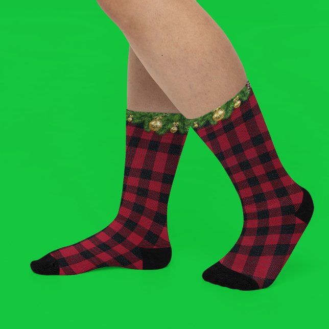 Calcetines Guirnalda Navideña de Plaid de Búfalo de Pino (Subido por el creador)