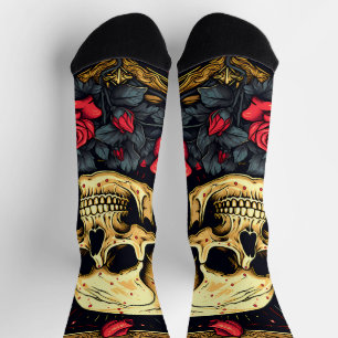 Calcetines Halloween de cráneo gótico Roses rojos