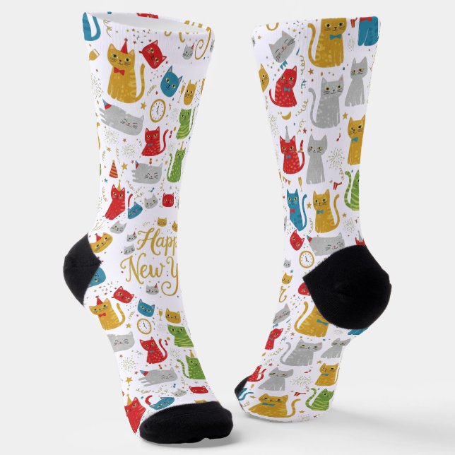 Calcetines Happy New Year Cats Pattern Crew Socks (Angular)