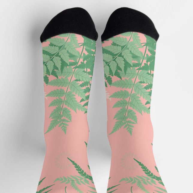 Calcetines Helecho de hoja rosa sonrojado botánico verde salv (Arriba)