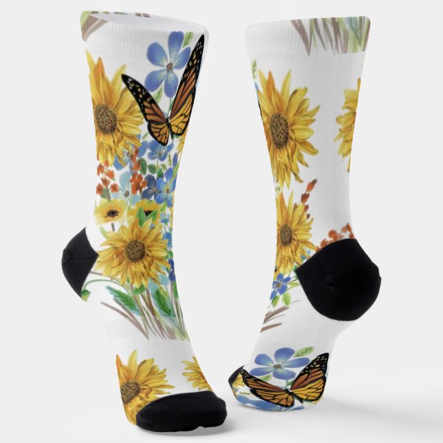Calcetines Hermosas flores azules amarillas con mariposa  (Angular)