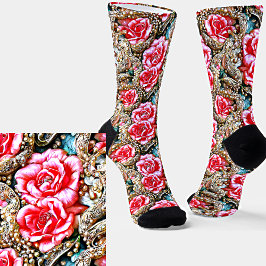 Calcetines Hermosas flores rosadas y perlas efecto 3D metálic