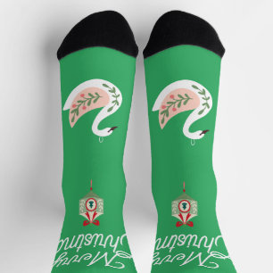 Calcetines Hermoso arte folclórico de Navidades Swan Green Wh