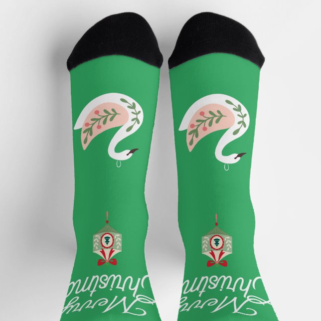 Calcetines Hermoso arte folclórico de Navidades Swan Green Wh (Arriba)