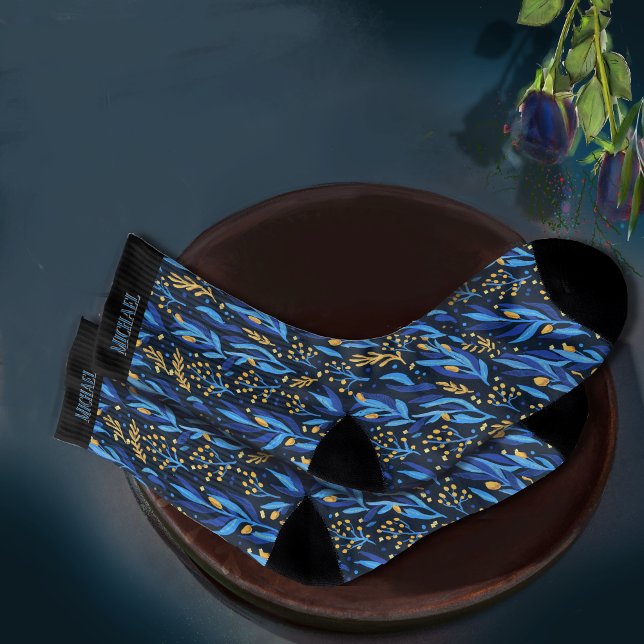 Calcetines Hermoso patrón de flores amarillas de hojas azules (Beautiful Blue Leaves Yellow Flowers Pattern Socks)