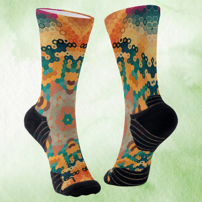 Calcetines Hex Mandala Naranja y azul (Orange and Blue Hexagon Mandala Socks by Wormhole Orbital)