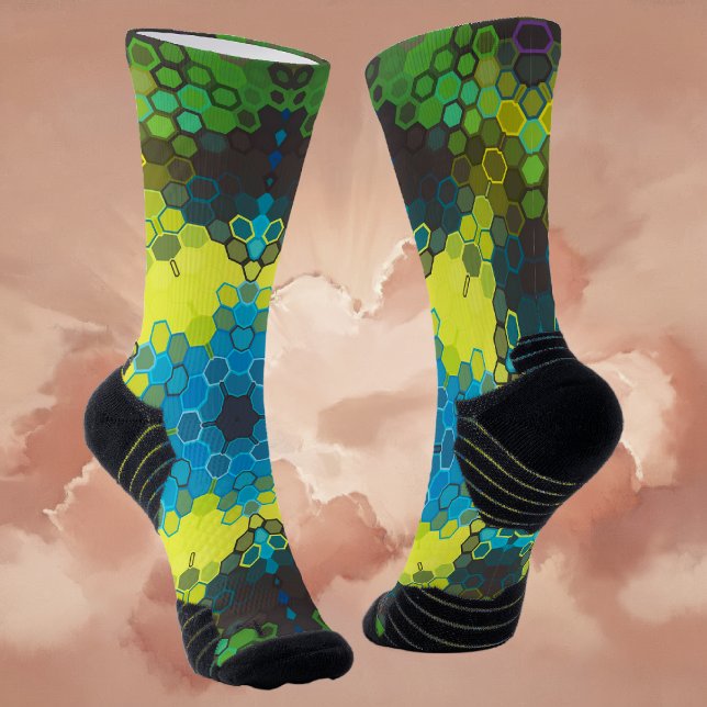 Calcetines Hex Mandala Verde Amarillo y Azul (Green and Blue Hexagon Mandala Socks By Wormhole Orbital)