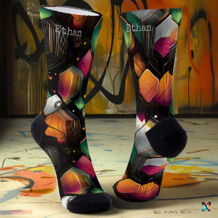 Calcetines Hexagonal Moderno en Esmeralda, Magenta y Naranja