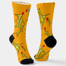 Calcetines Hojas de Acebo de Navidad Arte Dibujado a Mano sob