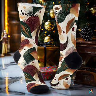 Calcetines Hojas de otoño en Borgoña, Verde y Mostaza