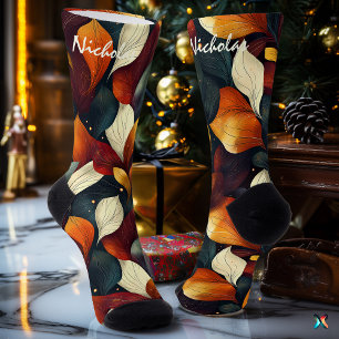 Calcetines Hojas de Otoño en Burdeos, Oro y Verde