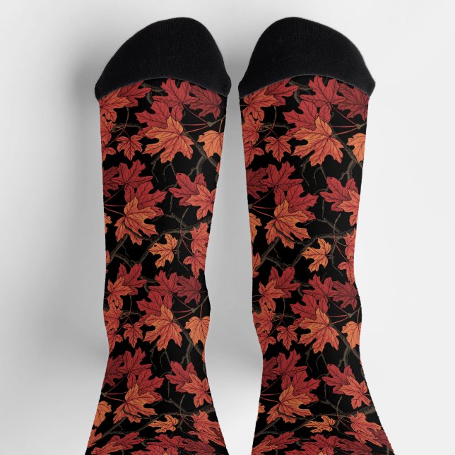 Calcetines Hojas rojas de arce de otoño sobre negro (Arriba)