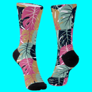 Calcetines Hojas tropicales de palmera en rosa y azul   calce