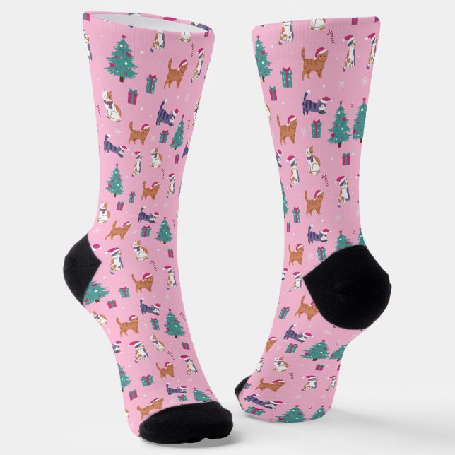 Calcetines hristmas Patrón de feriado de gatos y árboles (Angular)