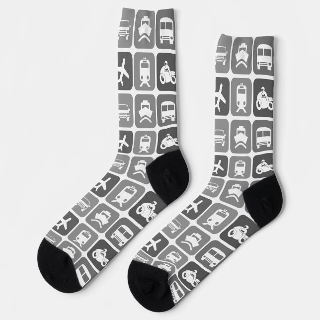 Calcetines Iconos de viaje de moda patrón negro y blanco (Izquierda)