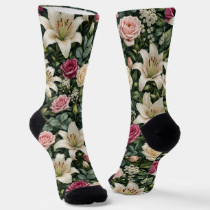 Calcetines Ilustración botánica floral de magnolia exuberante