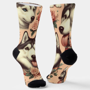 Calcetines Ilustracion Cute Vintage Siberian Husky