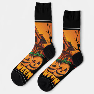 Calcetines Ilustración de calabaza de casa embrujada de Hallo