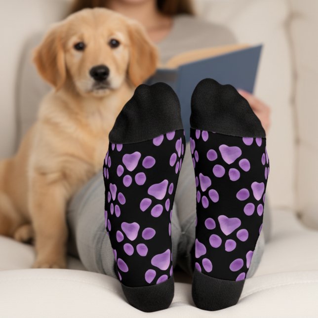 Calcetines Impresión de hojas de cálculo negras y púrpura (🐾Black and purple paw print socks 🐾)