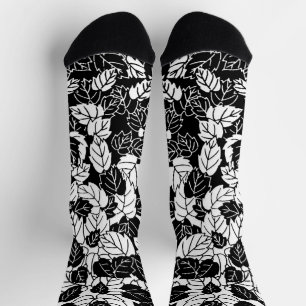 Calcetines Impresión de hojas japonesas, negro y blanco