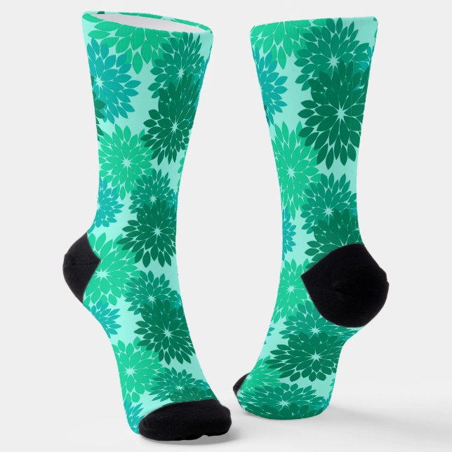 Calcetines Impresión de kimono floral moderna, turquesa, Verd (Angular)