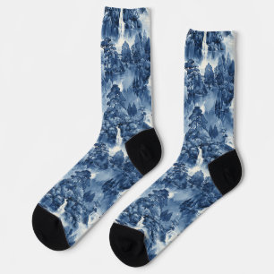 Calcetines Jardín de agua japonés en porcelana azul blanca