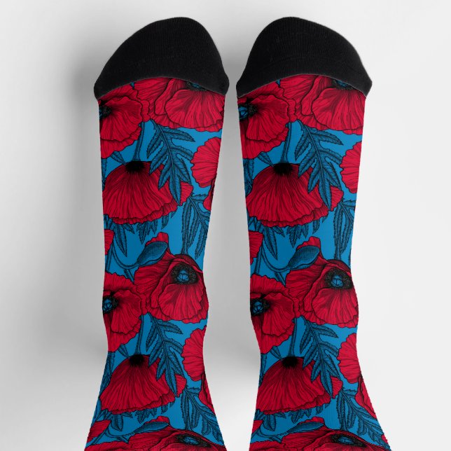 Calcetines Jardín de amapolas rojas sobre azul (Arriba)