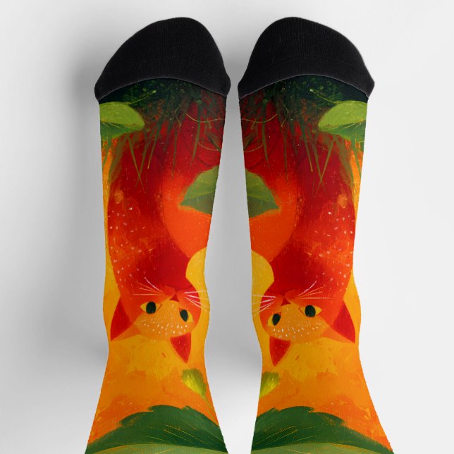 Calcetines Jardín de flores silvestres de gato rojo caprichos (Arriba)